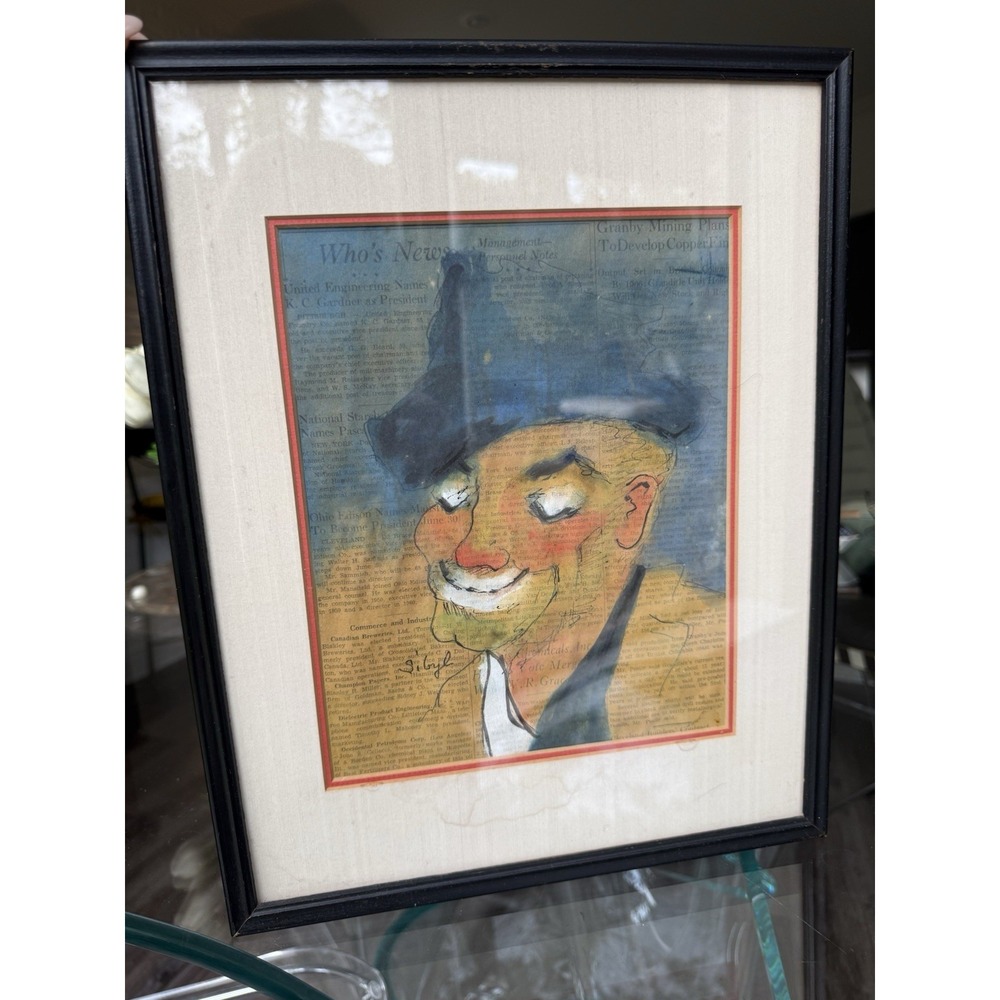 Vintage Sibyl Hechtenthal Clown‎ Watercolor Painting on Newspaper